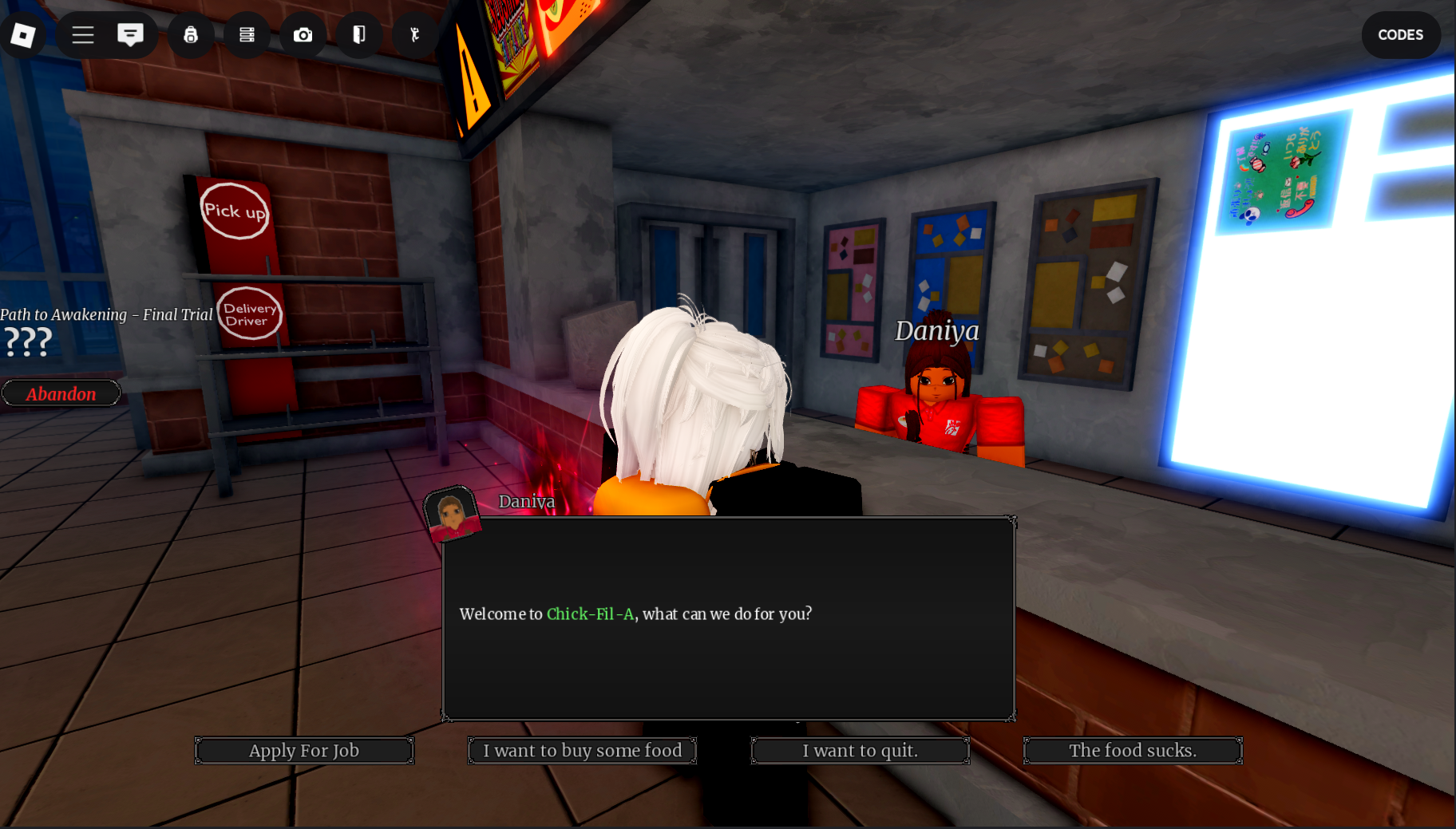 Chick-Fil-A interior in ITAMI — NPC Daniya at the counter with 'Apply For Job' dialogue option visible