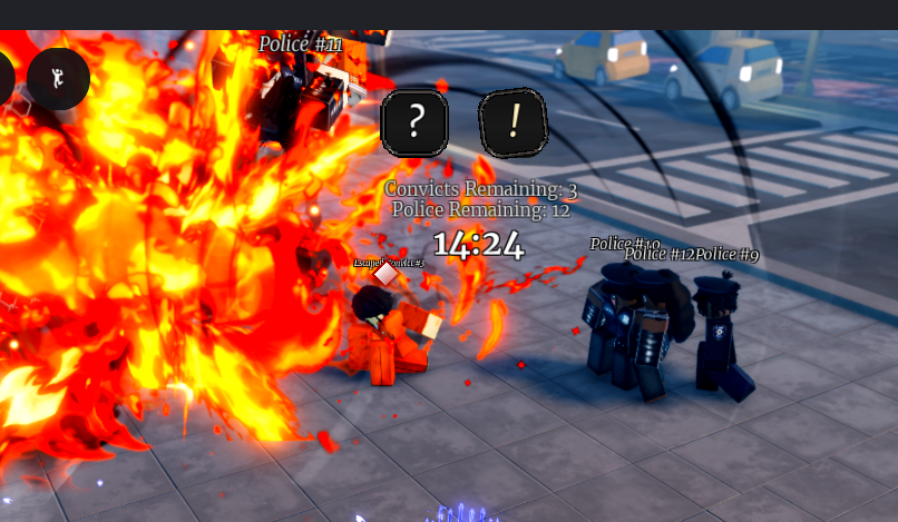 Villain player using a fire Quirk against police officers in ITAMI city streets — Hero vs Villain event gameplay