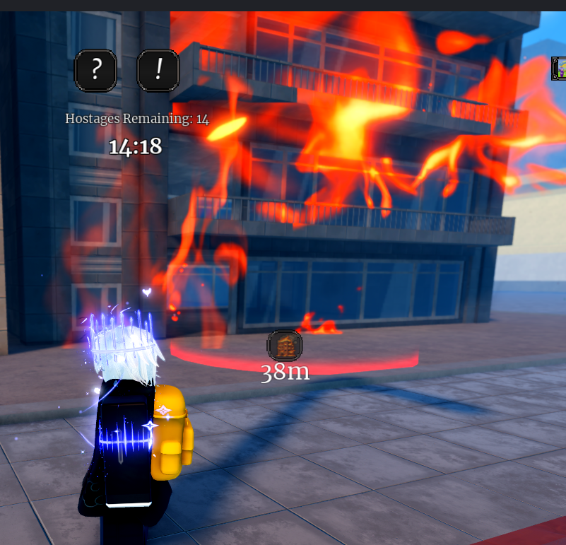 Building on fire in ITAMI with 'hostages remaining' quest objective counter on screen — Hero path rescue mission