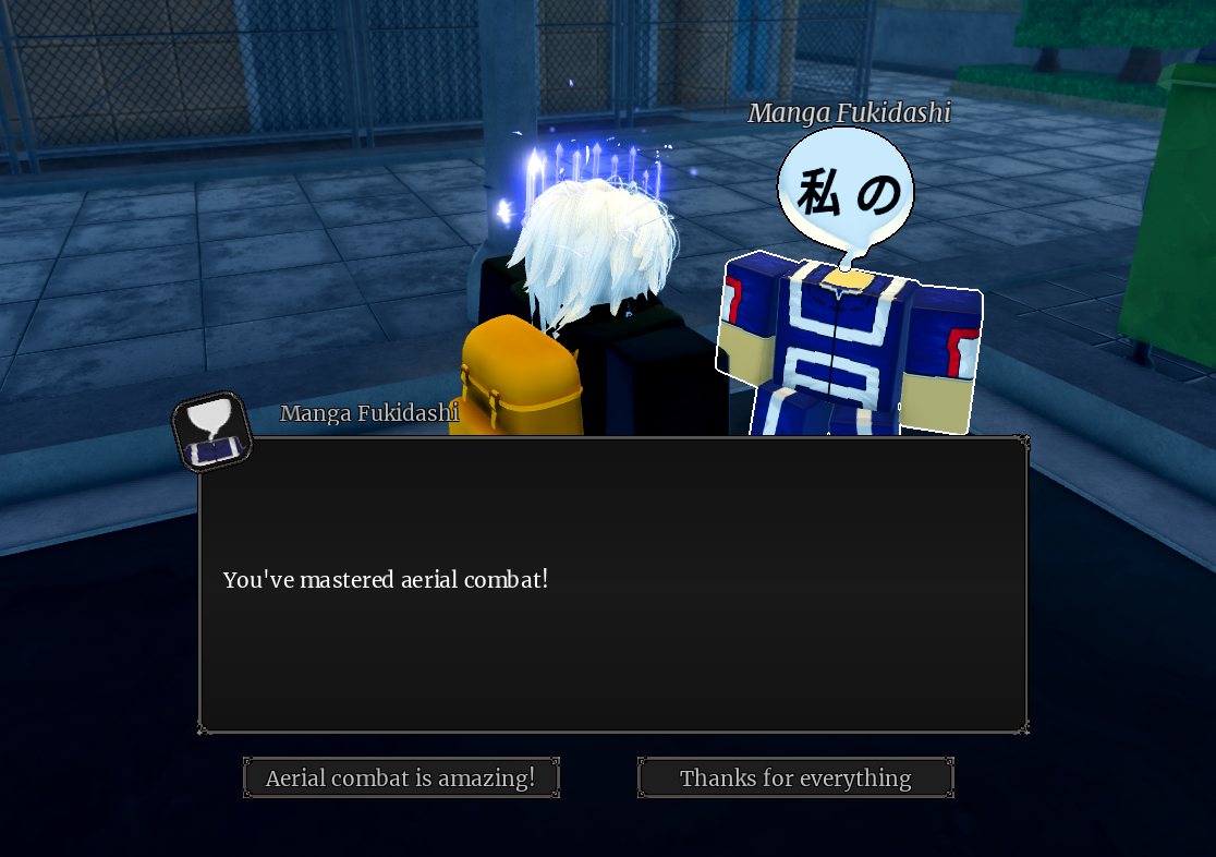 ITAMI aerial combat tutorial — NPC Manga Fukidashi teaching Aerial Mastery mechanics near a basketball court